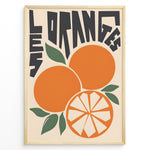 Indlæs billede til gallerivisning Retro French-style poster with bold lettering and illustrated oranges, including a sliced orange and green leaves.
