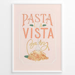 Indlæs billede til gallerivisning Pasta La Vista Baby kitchen print with playful typography and a spaghetti illustration.
