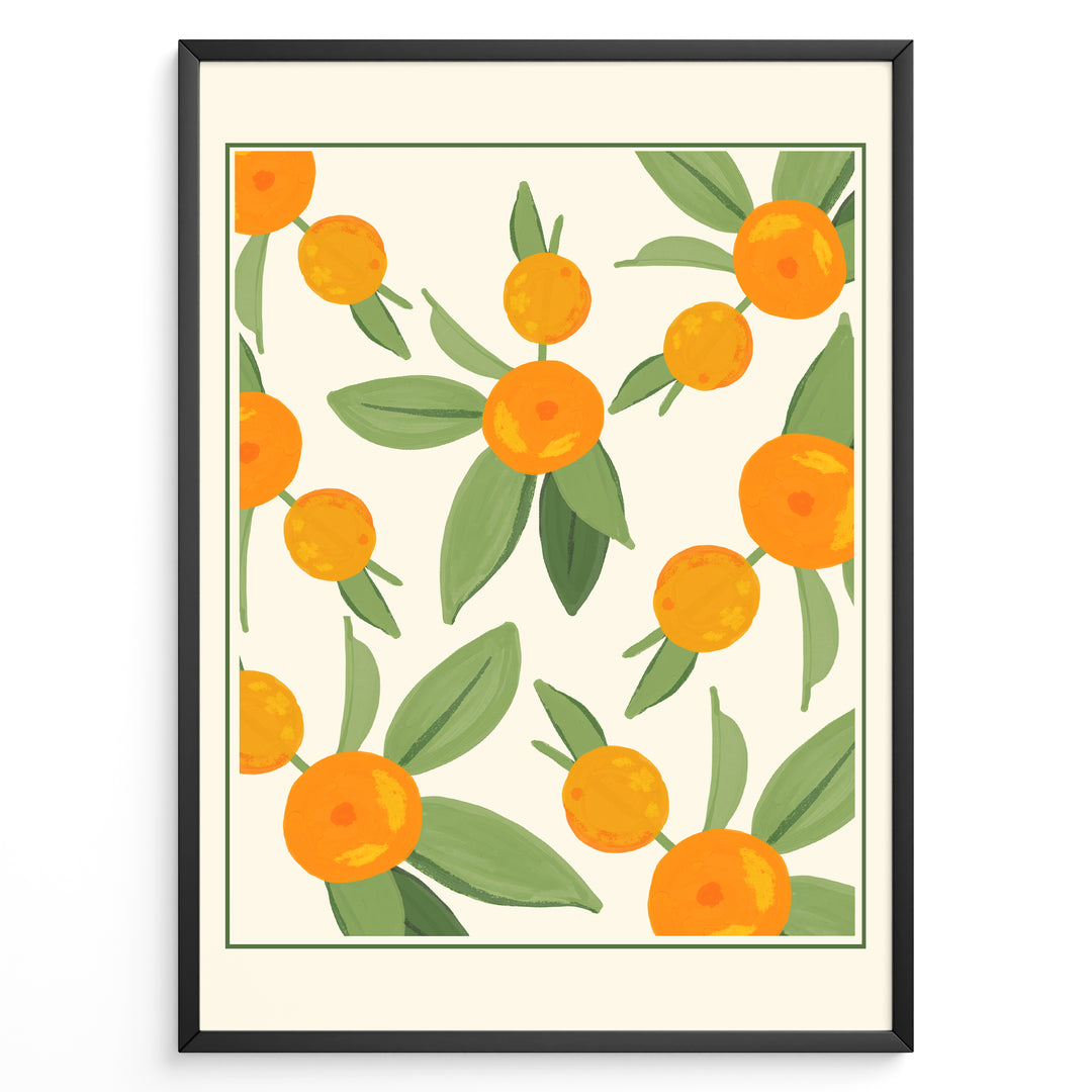 Illustration of ripe orange citrus fruits with green leaves on a cream background, framed in black – modern botanical kitchen wall art plakat.