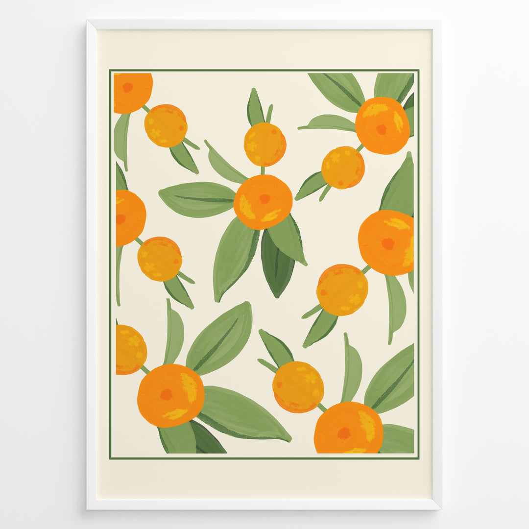 Illustration of ripe orange citrus fruits with green leaves on a cream background, framed in black – modern botanical kitchen wall art plakat.