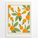 Indlæs billede til gallerivisning Illustration of ripe orange citrus fruits with green leaves on a cream background, framed in black – modern botanical kitchen wall art plakat.
