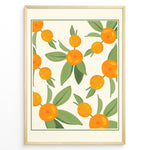 Indlæs billede til gallerivisning Illustration of ripe orange citrus fruits with green leaves on a cream background, framed in black – modern botanical kitchen wall art plakat.
