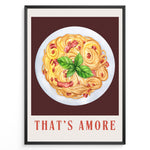 Indlæs billede til gallerivisning Italian pasta art print plakat with basil leaves and “That’s Amore” text framed in black on white background.
