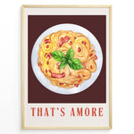 Indlæs billede til gallerivisning Italian pasta art print plakat with basil leaves and “That’s Amore” text framed in black on white background.
