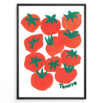 Indlæs billede til gallerivisning Modern tomato art print plakat featuring red and green hand-painted tomatoes with the word “Tomato” on a white background framed in black.
