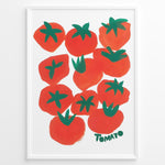 Indlæs billede til gallerivisning Modern tomato art print plakat featuring red and green hand-painted tomatoes with the word “Tomato” on a white background framed in black.

