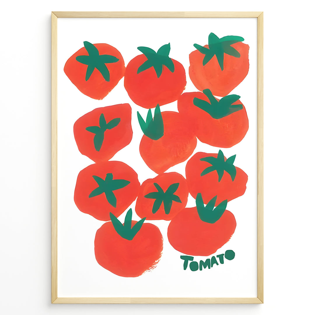 Modern tomato art print plakat featuring red and green hand-painted tomatoes with the word “Tomato” on a white background framed in black.