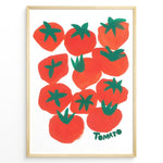 Indlæs billede til gallerivisning Modern tomato art print plakat featuring red and green hand-painted tomatoes with the word “Tomato” on a white background framed in black.
