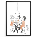 Indlæs billede til gallerivisning Minimalist line art illustration of three women drinking wine at a bar table.
