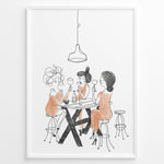 Indlæs billede til gallerivisning Minimalist line art illustration of three women drinking wine at a bar table.
