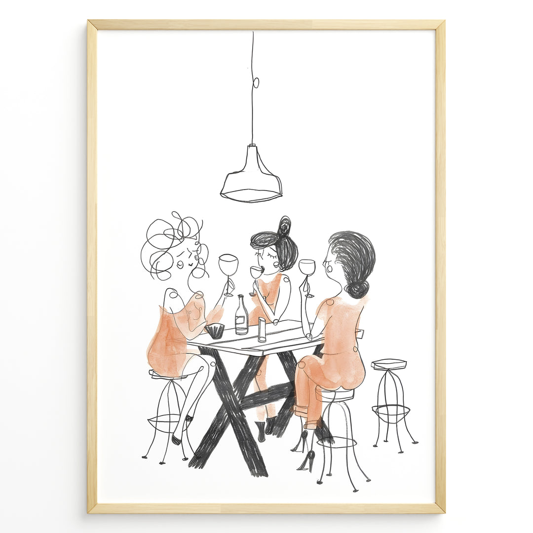 Minimalist line art illustration of three women drinking wine at a bar table.
