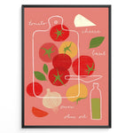 Indlæs billede til gallerivisning Modern illustrated kitchen art featuring tomatoes, basil, cheese, onion and olive oil.
