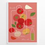 Indlæs billede til gallerivisning Modern illustrated kitchen art featuring tomatoes, basil, cheese, onion and olive oil.
