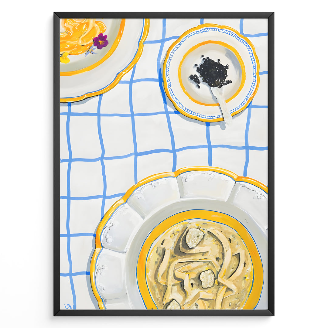 Illustrated art print of pasta dishes and a bowl of caviar on a blue-check tablecloth.