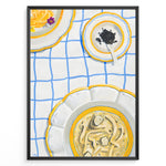 Indlæs billede til gallerivisning Illustrated art print of pasta dishes and a bowl of caviar on a blue-check tablecloth.
