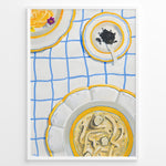 Indlæs billede til gallerivisning Illustrated art print of pasta dishes and a bowl of caviar on a blue-check tablecloth.
