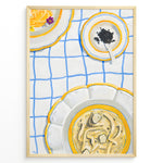 Indlæs billede til gallerivisning Illustrated art print of pasta dishes and a bowl of caviar on a blue-check tablecloth.
