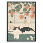 Indlæs billede til gallerivisning Cute illustration of a black and white cat relaxing in a bubble bath with flowers and bath products in a pastel Japanese-style bathroom.
