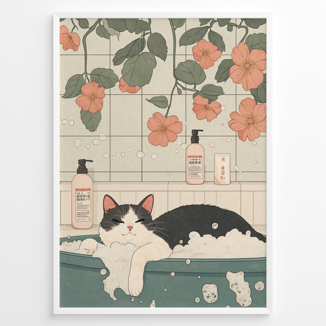 Cute illustration of a black and white cat relaxing in a bubble bath with flowers and bath products in a pastel Japanese-style bathroom.