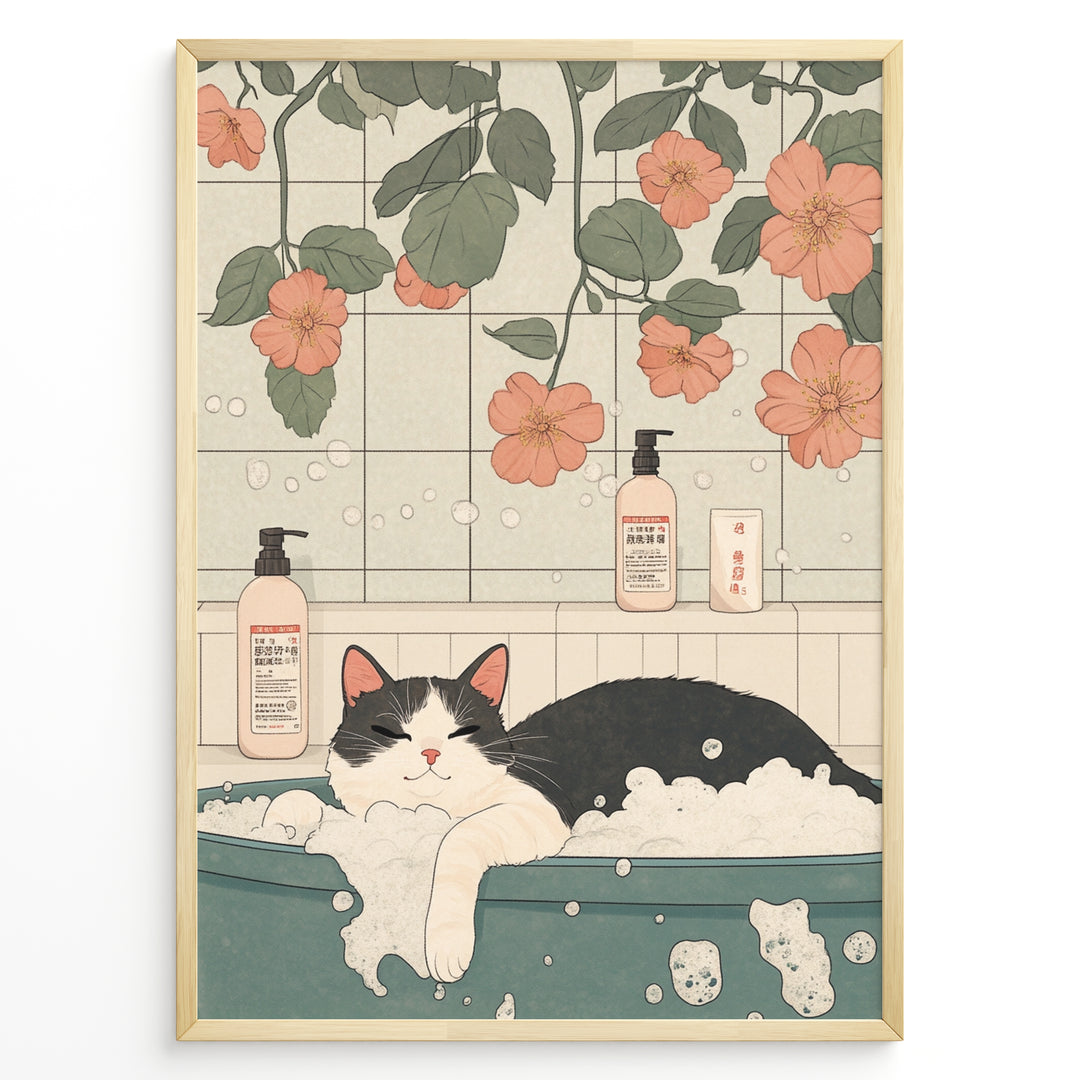Cute illustration of a black and white cat relaxing in a bubble bath with flowers and bath products in a pastel Japanese-style bathroom.