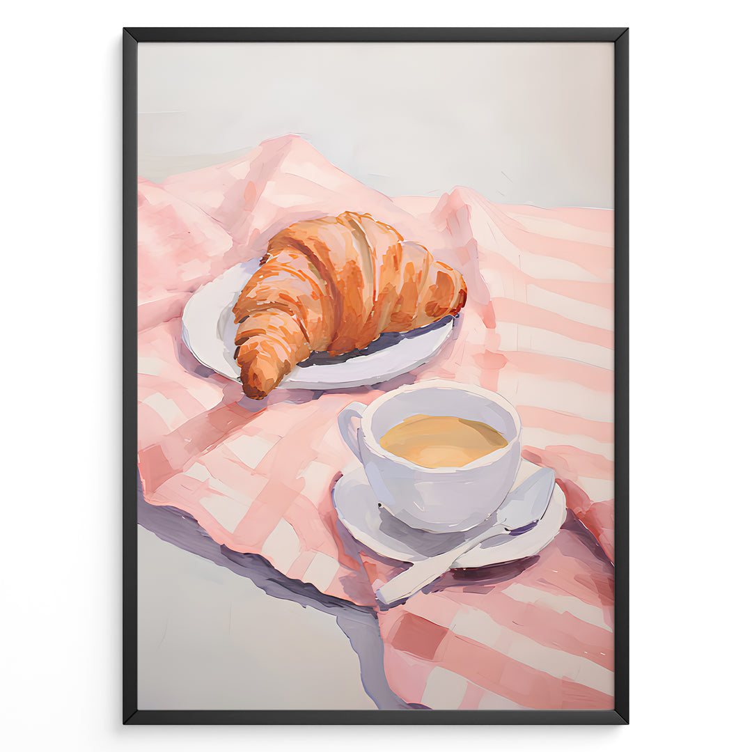 Illustration of a croissant on a plate and a cup of coffee on a pink cloth.