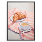 Indlæs billede til gallerivisning Illustration of a croissant on a plate and a cup of coffee on a pink cloth.

