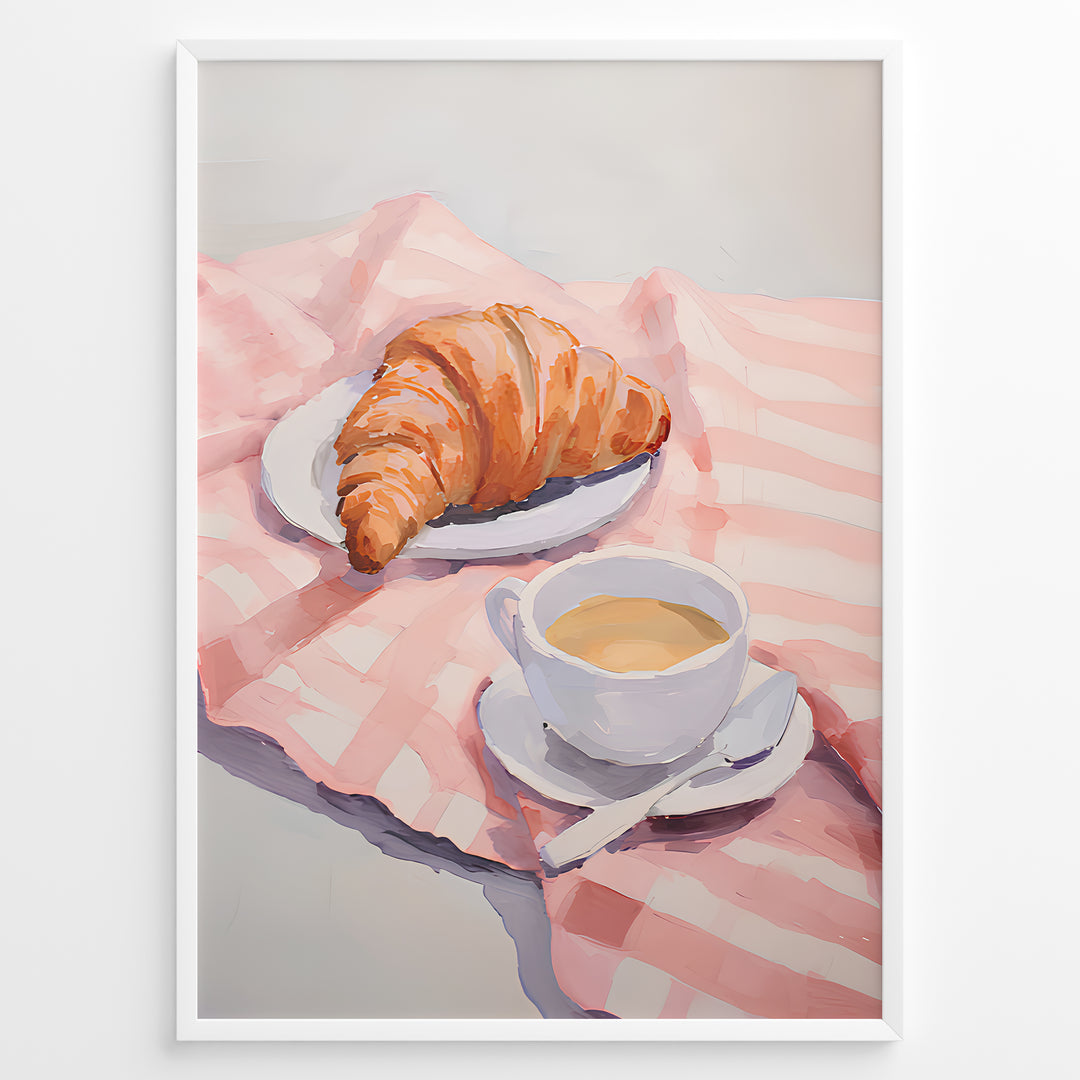 Illustration of a croissant on a plate and a cup of coffee on a pink cloth.