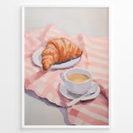 Indlæs billede til gallerivisning Illustration of a croissant on a plate and a cup of coffee on a pink cloth.
