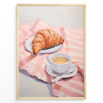 Indlæs billede til gallerivisning Illustration of a croissant on a plate and a cup of coffee on a pink cloth.
