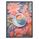 Indlæs billede til gallerivisning Illustration of a blue teacup with coffee surrounded by pink pastel flowers.
