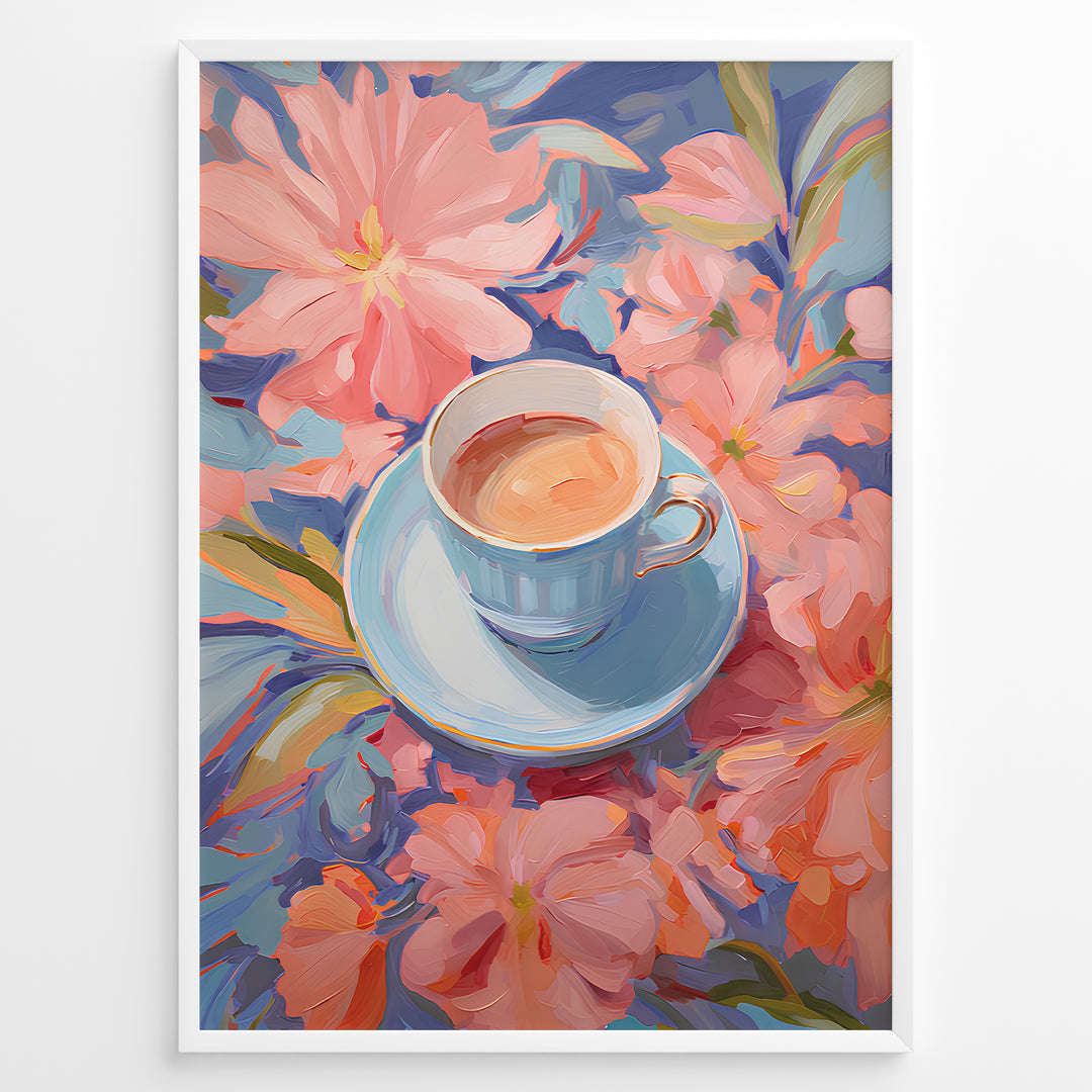 Illustration of a blue teacup with coffee surrounded by pink pastel flowers.