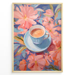 Indlæs billede til gallerivisning Illustration of a blue teacup with coffee surrounded by pink pastel flowers.
