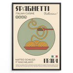 Indlæs billede til gallerivisning Retro-style spaghetti art print plakat with fork twirling pasta in a bowl, Italian typography, and vintage beige background framed in black.
