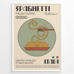 Indlæs billede til gallerivisning Retro-style spaghetti art print plakat with fork twirling pasta in a bowl, Italian typography, and vintage beige background framed in white.
