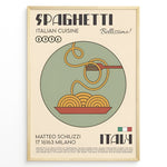 Indlæs billede til gallerivisning Retro-style spaghetti art print plakat with fork twirling pasta in a bowl, Italian typography, and vintage beige background framed in black.
