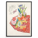 Indlæs billede til gallerivisning Colorful still life illustration with fruits, flowers, a blue bird, and a red checkered tablecloth framed in black – modern kitchen wall art plakat.
