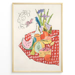 Indlæs billede til gallerivisning Colorful still life illustration with fruits, flowers, a blue bird, and a red checkered tablecloth framed in black – modern kitchen wall art plakat.
