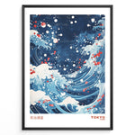 Indlæs billede til gallerivisning Blue Japanese ocean wave illustration with white foam, swirling water, and red paint accents, labeled Tokyo 1998.
