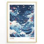 Indlæs billede til gallerivisning Blue Japanese ocean wave illustration with white foam, swirling water, and red paint accents, labeled Tokyo 1998.
