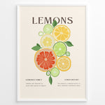 Indlæs billede til gallerivisning Illustration of colorful citrus fruits including lemons, limes, and grapefruits with green leaves, framed in black – modern lemon kitchen wall art plakat.
