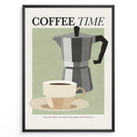 Indlæs billede til gallerivisning Minimalist Coffee Time poster with cup and moka pot illustration in black frame.
