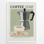 Indlæs billede til gallerivisning Minimalist Coffee Time poster with cup and moka pot illustration in white frame.
