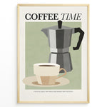 Indlæs billede til gallerivisning Minimalist Coffee Time poster with cup and moka pot illustration in golden frame.
