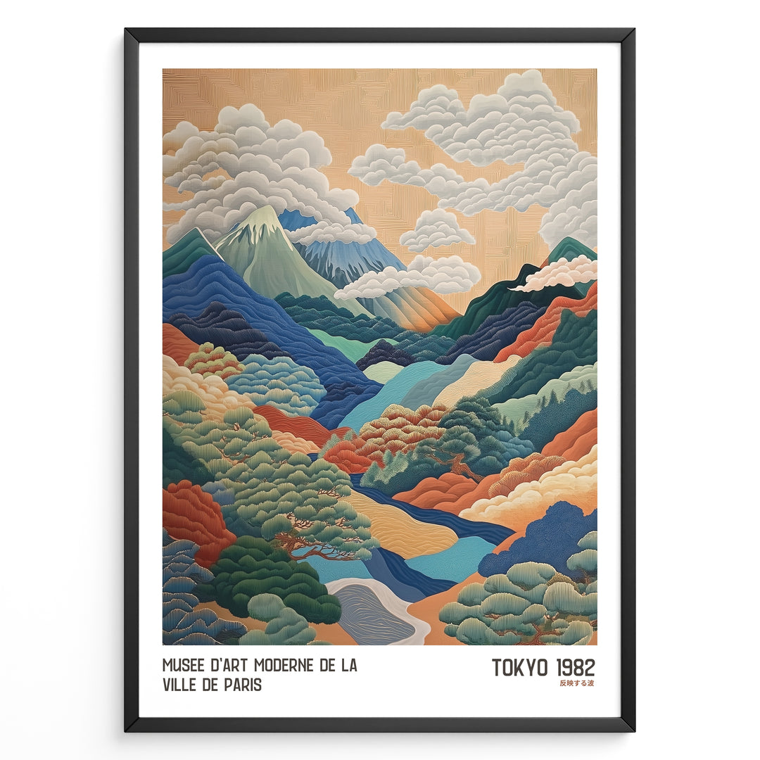 Vintage Japanese landscape poster with colorful layered mountains, clouds, and trees, framed in black, labeled “Tokyo 1982” and “Musée d’Art Moderne de la Ville de Paris.”