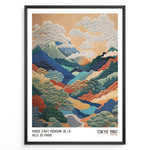 Indlæs billede til gallerivisning Vintage Japanese landscape poster with colorful layered mountains, clouds, and trees, framed in black, labeled “Tokyo 1982” and “Musée d’Art Moderne de la Ville de Paris.”
