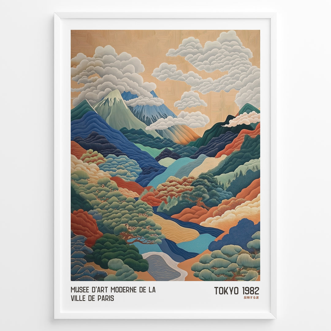 Vintage Japanese landscape poster with colorful layered mountains, clouds, and trees, framed in black, labeled “Tokyo 1982” and “Musée d’Art Moderne de la Ville de Paris.”