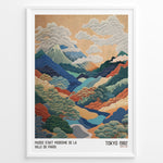 Indlæs billede til gallerivisning Vintage Japanese landscape poster with colorful layered mountains, clouds, and trees, framed in black, labeled “Tokyo 1982” and “Musée d’Art Moderne de la Ville de Paris.”
