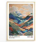 Indlæs billede til gallerivisning Vintage Japanese landscape poster with colorful layered mountains, clouds, and trees, framed in black, labeled “Tokyo 1982” and “Musée d’Art Moderne de la Ville de Paris.”

