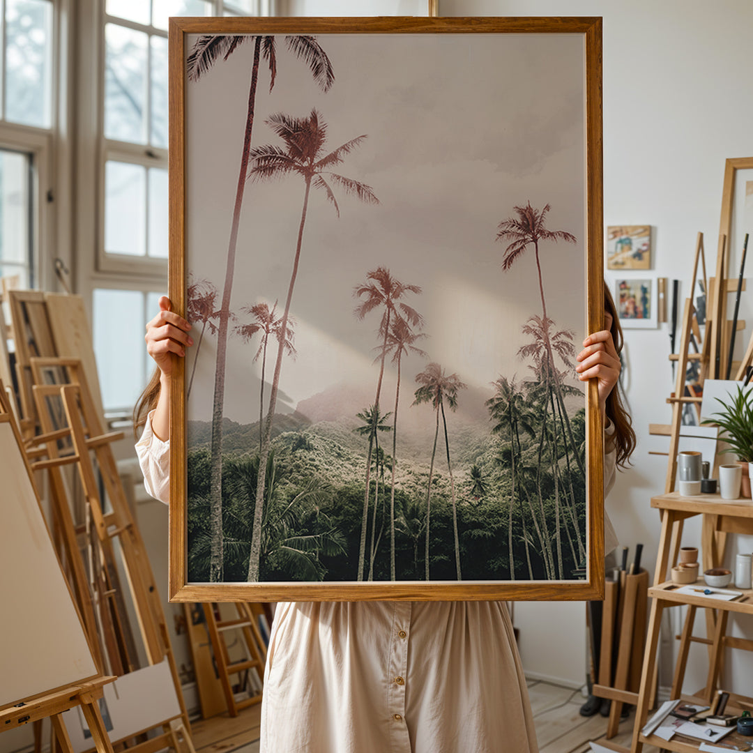 Plakat med tropisk landskab | Sommer og Strand Plakater | Denne plakat viser en tropisk scene med høje palmer, grønne bakker og en overskyet himmel. Perfekt til dem, der elsker naturlig skønhed.