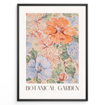 Indlæs billede til gallerivisning Botanical Garden poster with hand-painted floral design in pastel orange, blue, and green tones.
